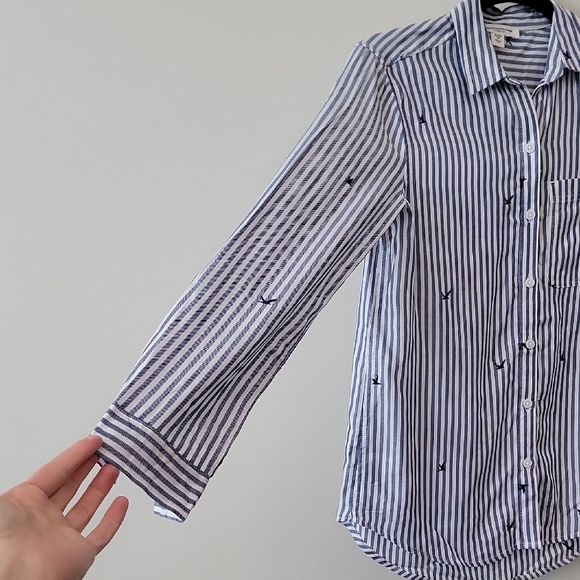 Striped Button-Up Shirt with Bird Embroidery - Picture 4 of 10